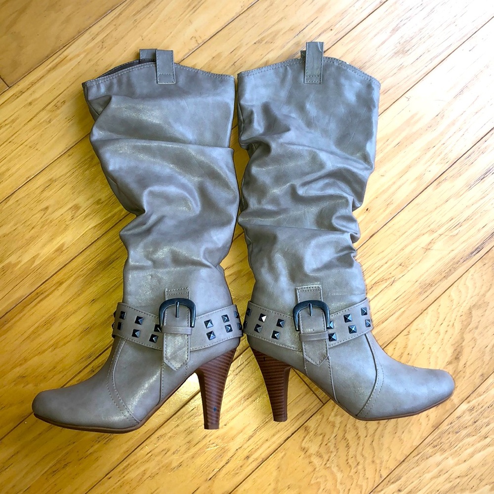 Taupe faux leather studded heel boot